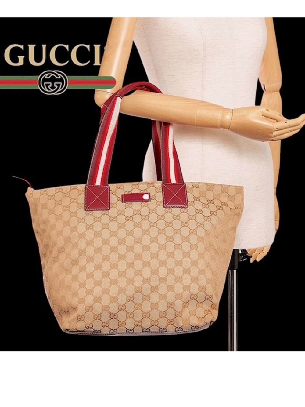 Gucci Tote Bag Sherry Line Cream Tan Gold and Red Monogram GG Supreme Zip Top